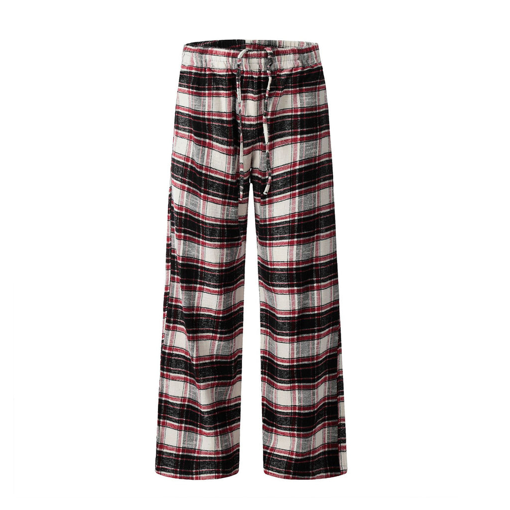11KN Color-blocked Red Checkered Drawstring Straight-leg Slacks
