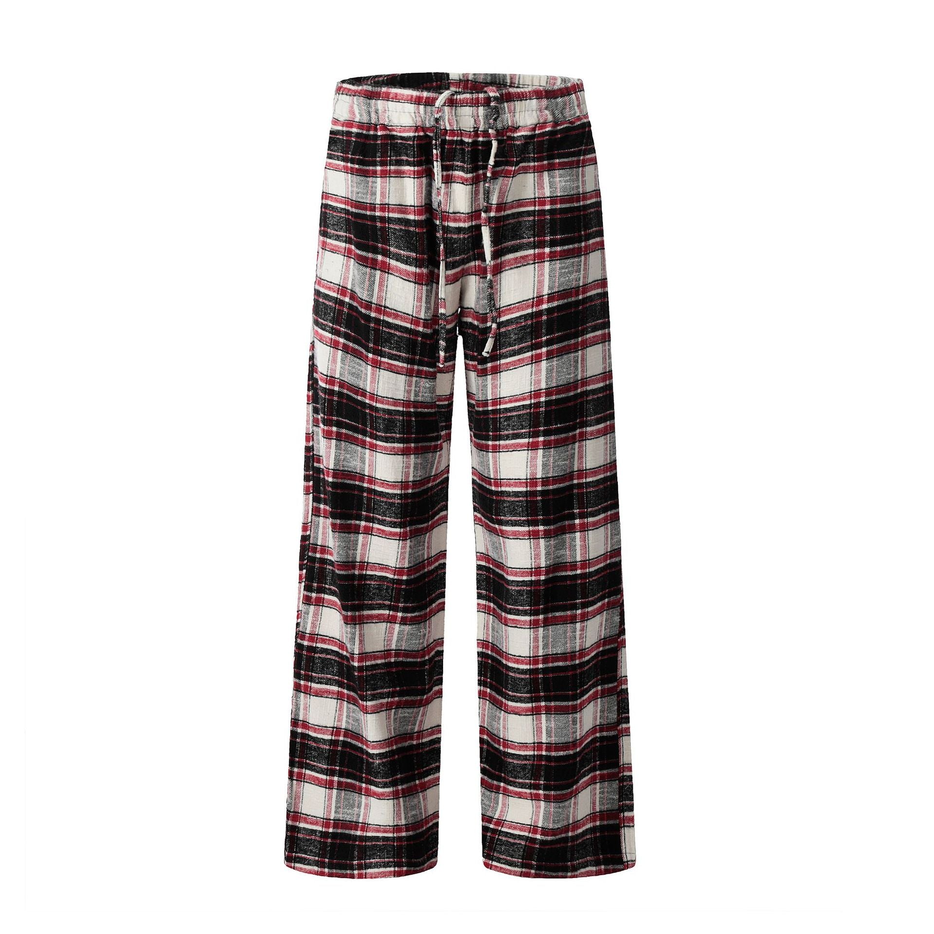 11KN Color-blocked Red Checkered Drawstring Straight-leg Slacks
