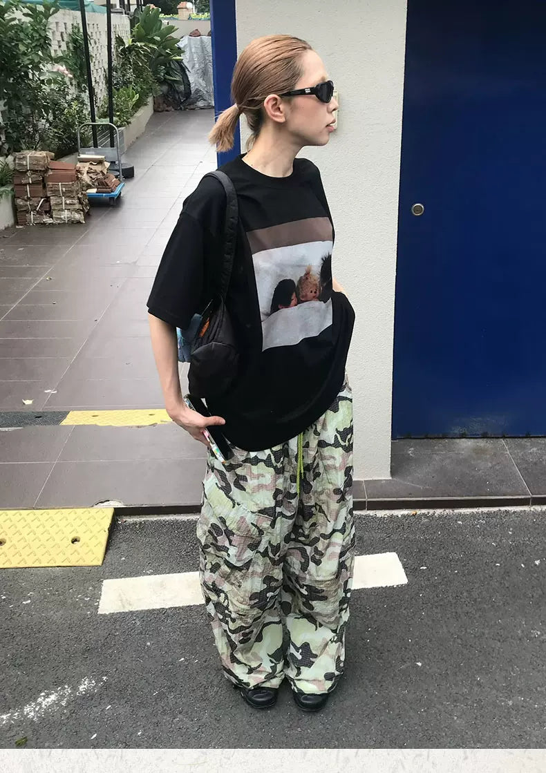 MMBBT Cartoon Printed Front Shoulder Loose Versatile Tee