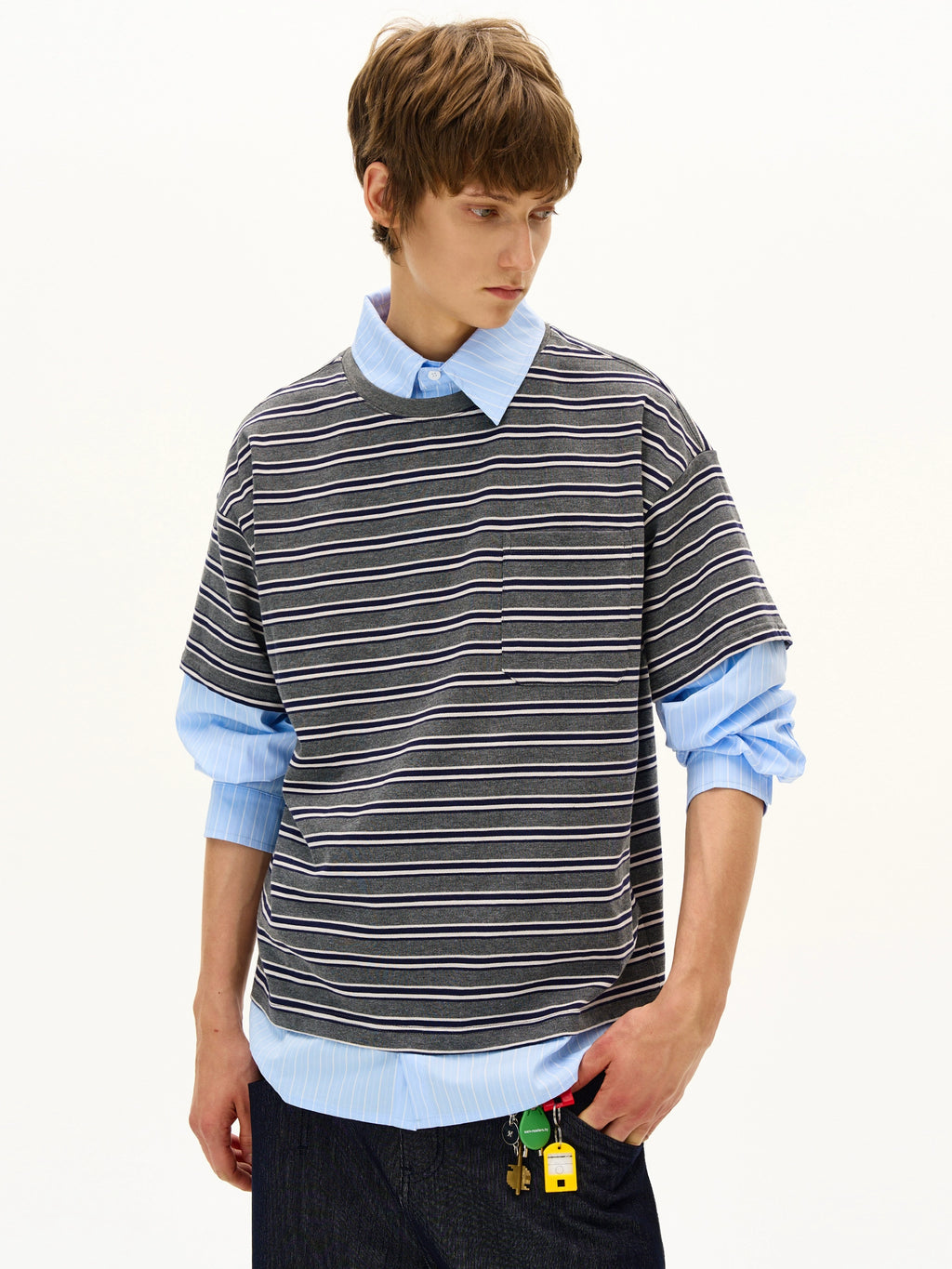 MADWITCH Fake Two-piece Splicing Striped Shirt Collar Long Sleeve