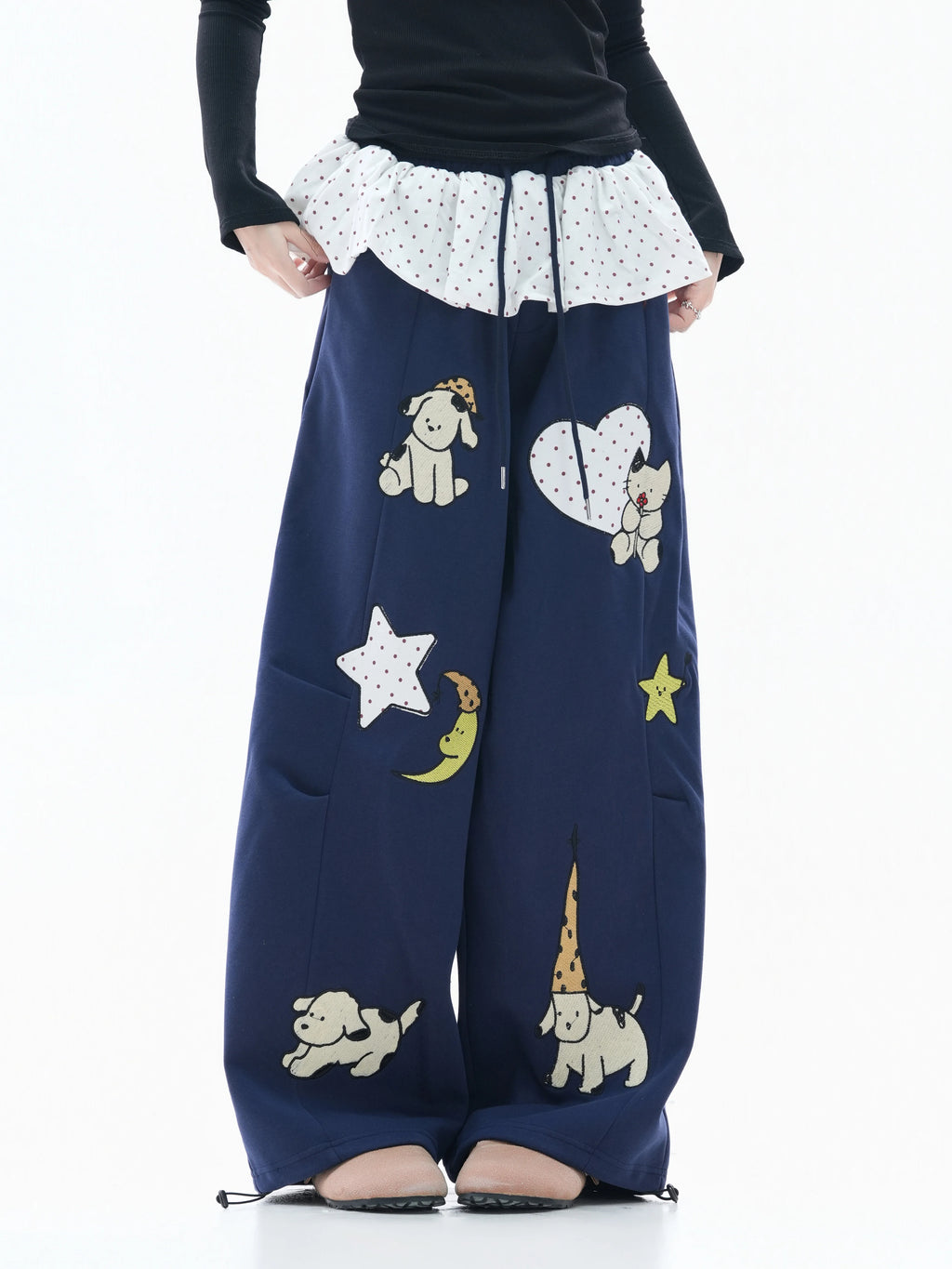 Zuocisankon Polka Dot Fart Curtain Cartoon Embroidered Sweatpants