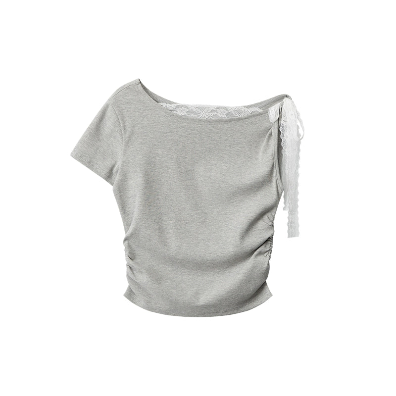 AIRHOOD Lace Sexy Diagonal Collar Short Tee