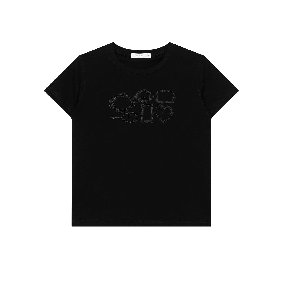 FUNKYFUN Picture Frame Same Color Three-dimensional Embroidery Loose Front Shoulder Tee