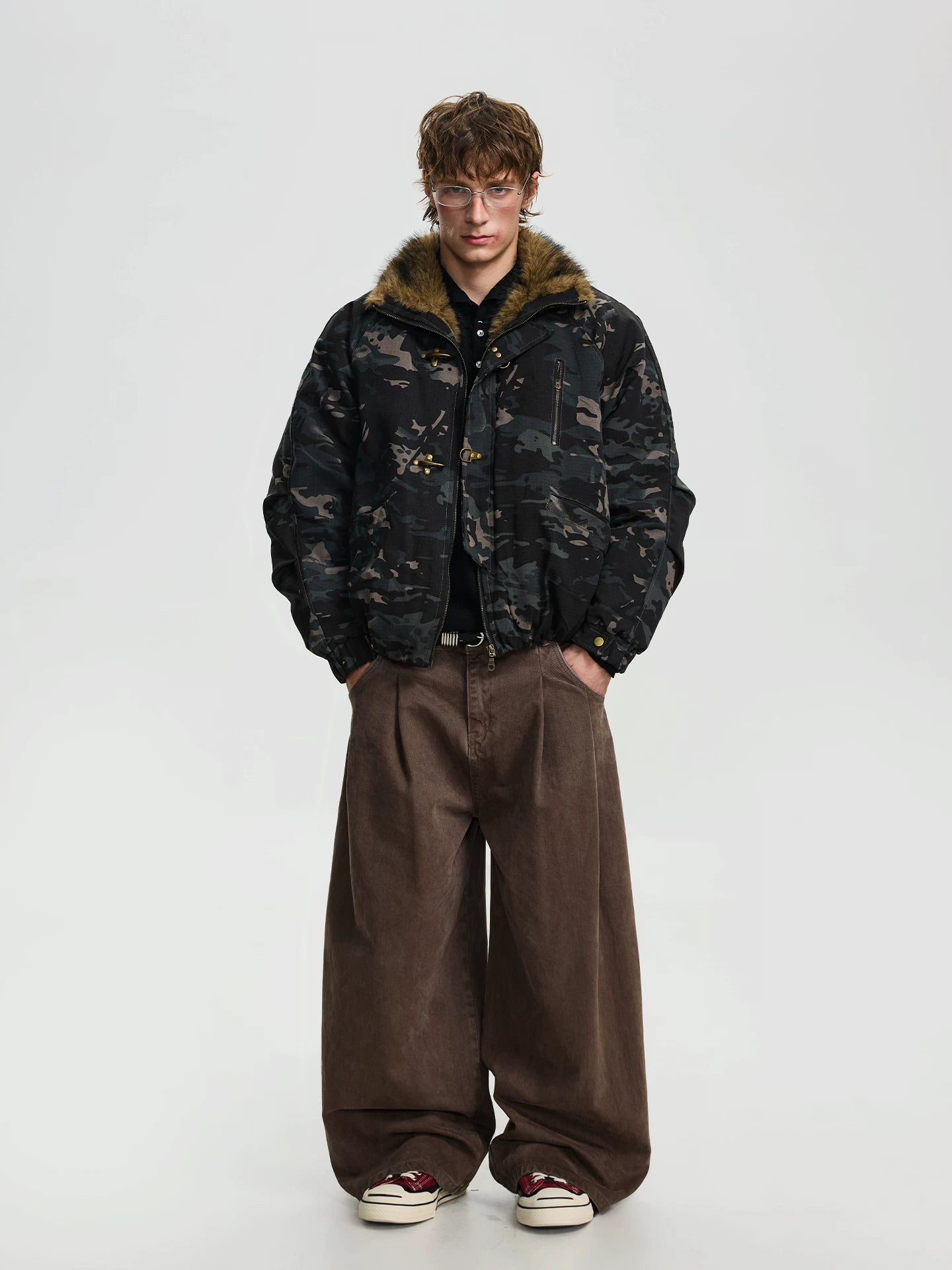 BTSG retro buckle camouflage fur collar thermal cotton jacket