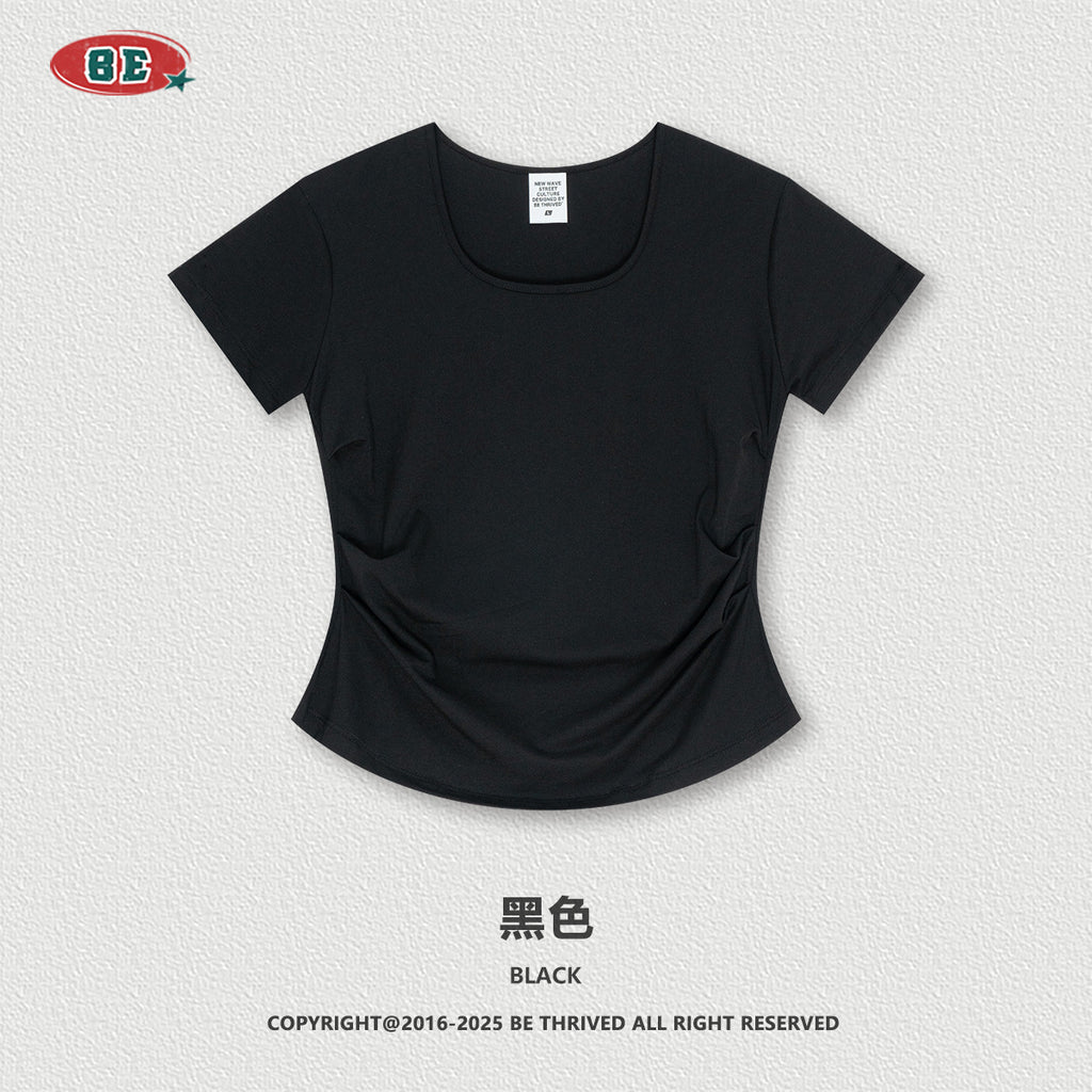 BE women's  Solid Color Square Neck Short Sleeve Waist Slimming Top