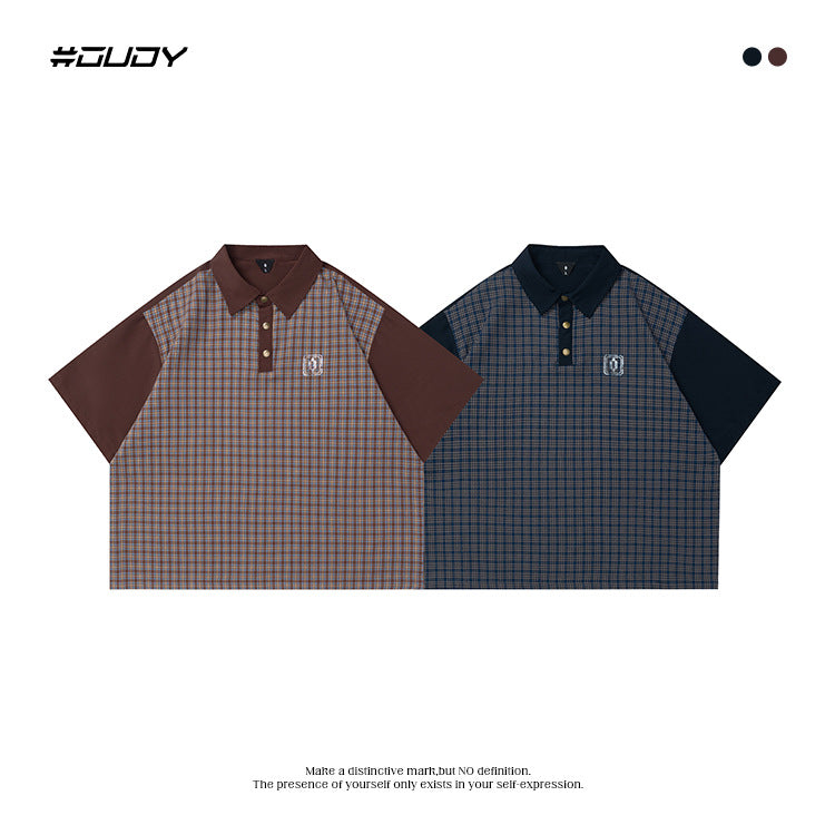OVDY Plaid Splicing Contrasting Color Retro Polo Shirt