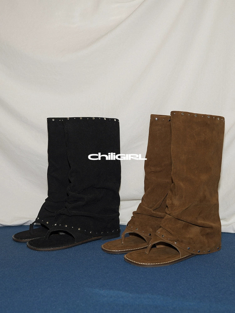 CHILIGIRL Mezzanine Vintage Suede Pleated Pile Pants Tube Boots