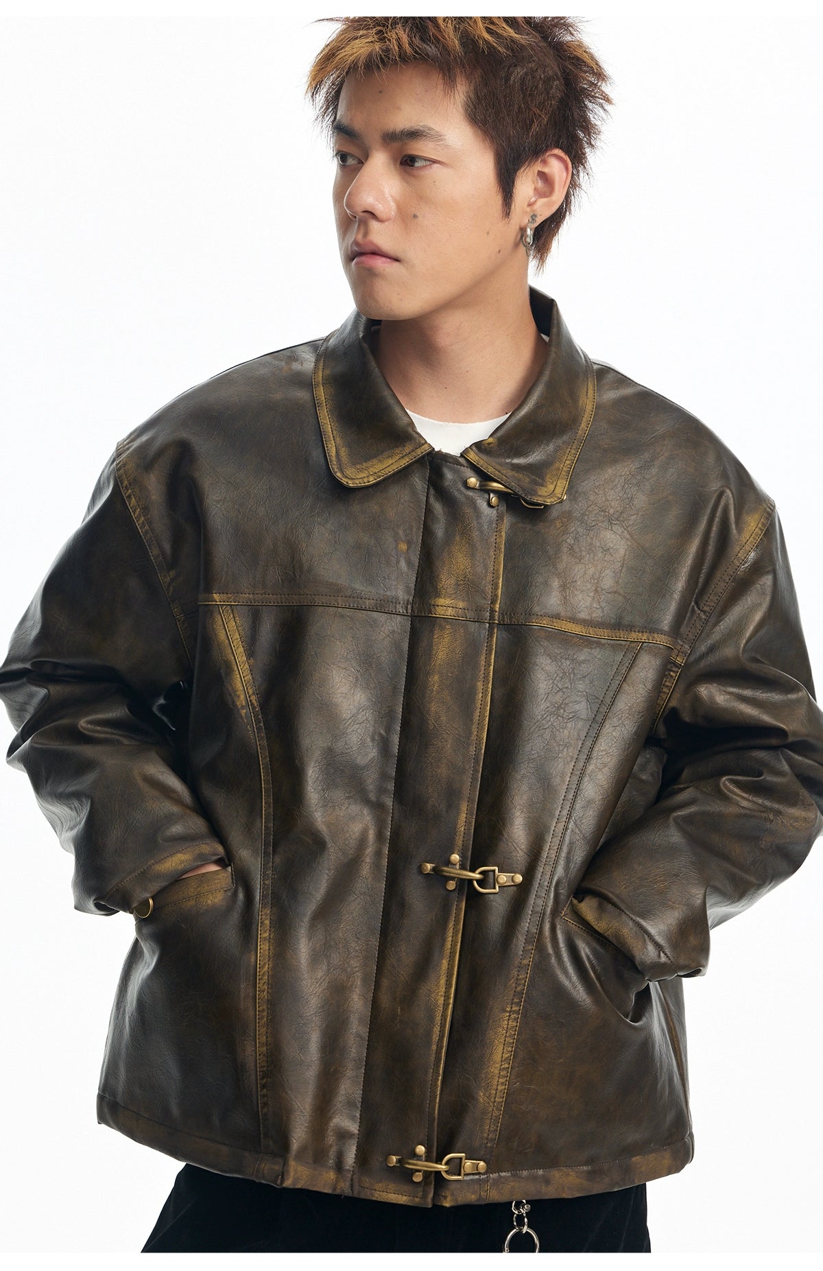 CoosRetro Vintage Vintage Plane Button Leather Jacket