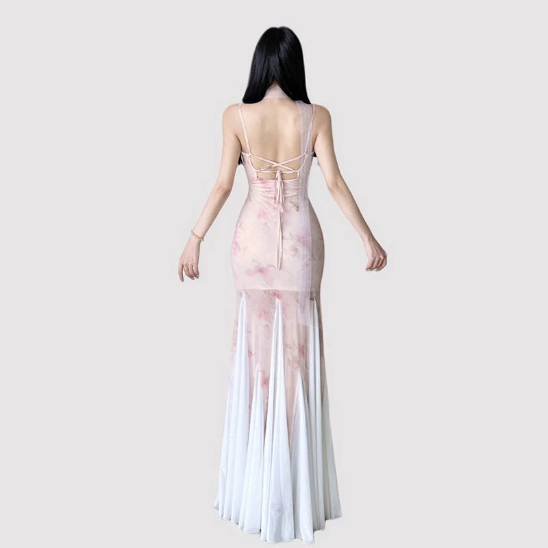 FUNOFF Backless Scarf Suspender Fishtail Dress