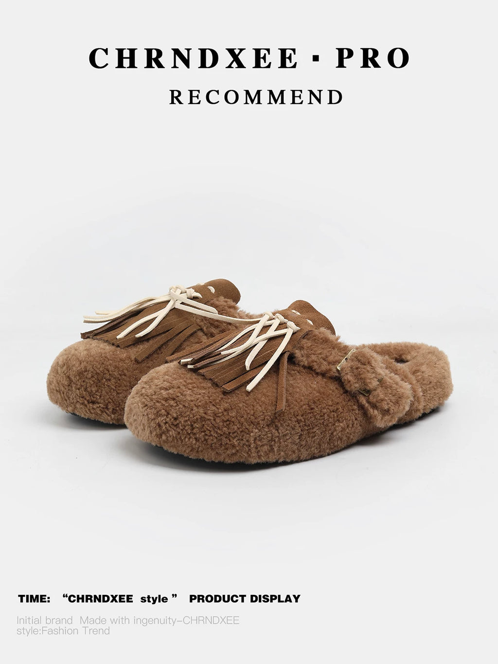 CHRNDXEE Leather Fringed One-pedal Flat-soled Fluffy Shoes