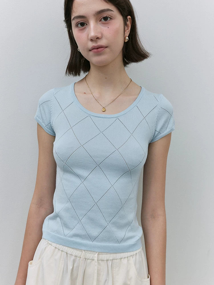 VOOE Hollow U Neck Knitted Slim Fit Breathable Tee