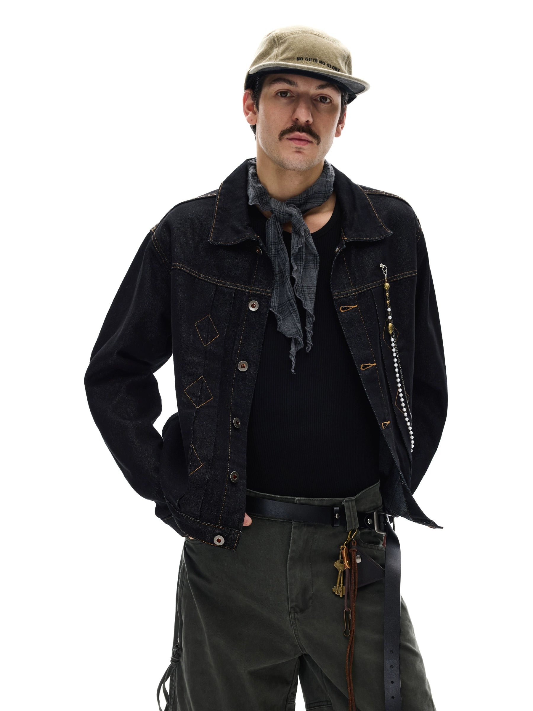 MADWITCH Retro Ruffian Handsome Bright Line Design Sense Chain Denim Jacket