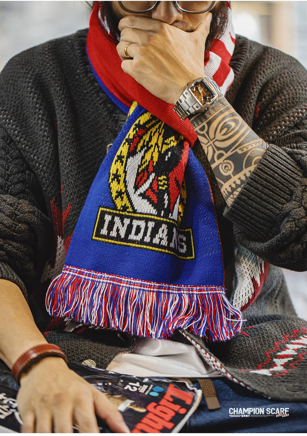 Maden Red Fringed Fan Long Knitted Scarf