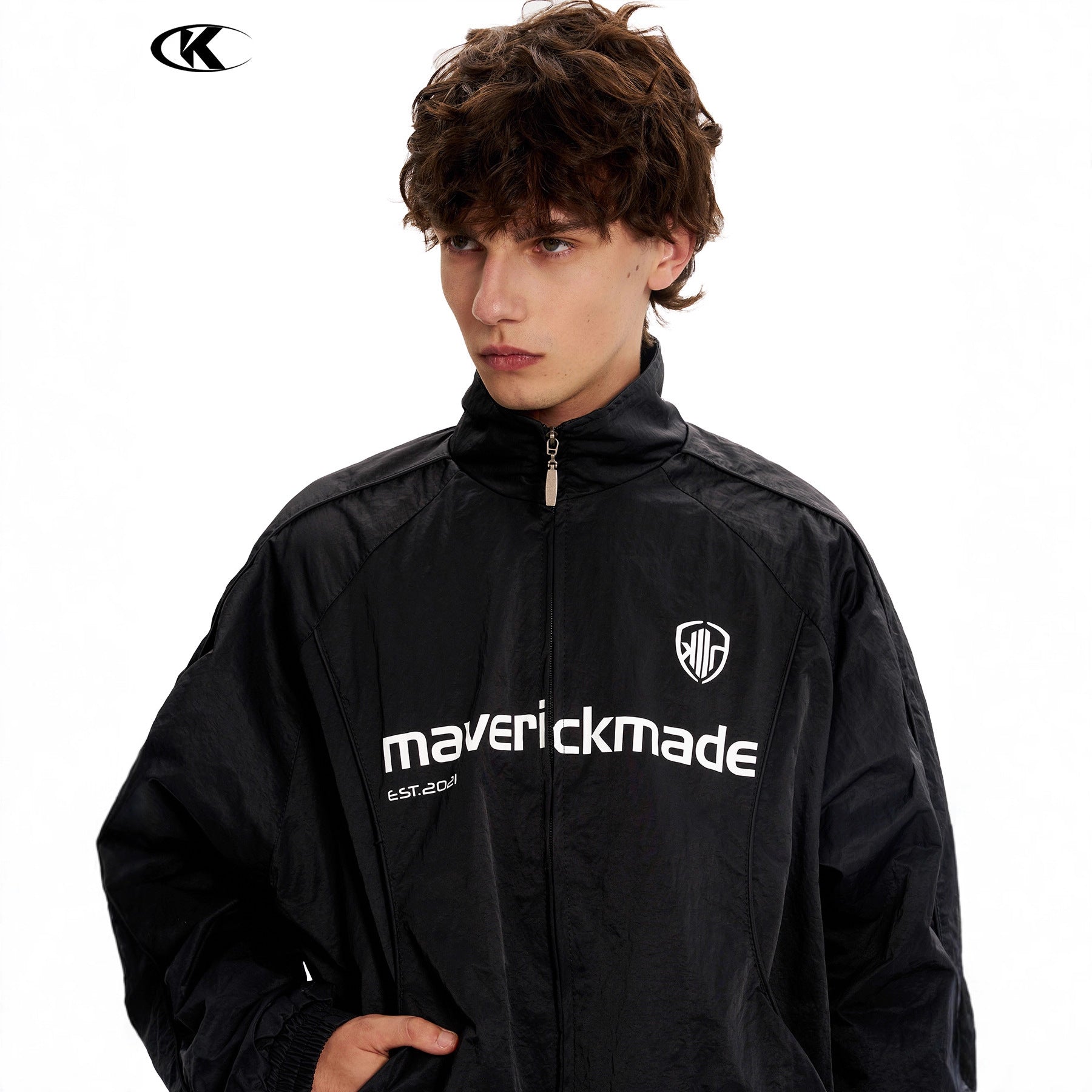 11KN Retro Digital Print Casual Loose Stand-up Jacket