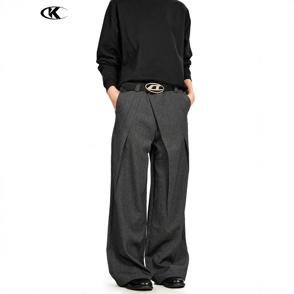 11KN Retro Three-dimensional Pleated Diagonal Placket Casual Trousers