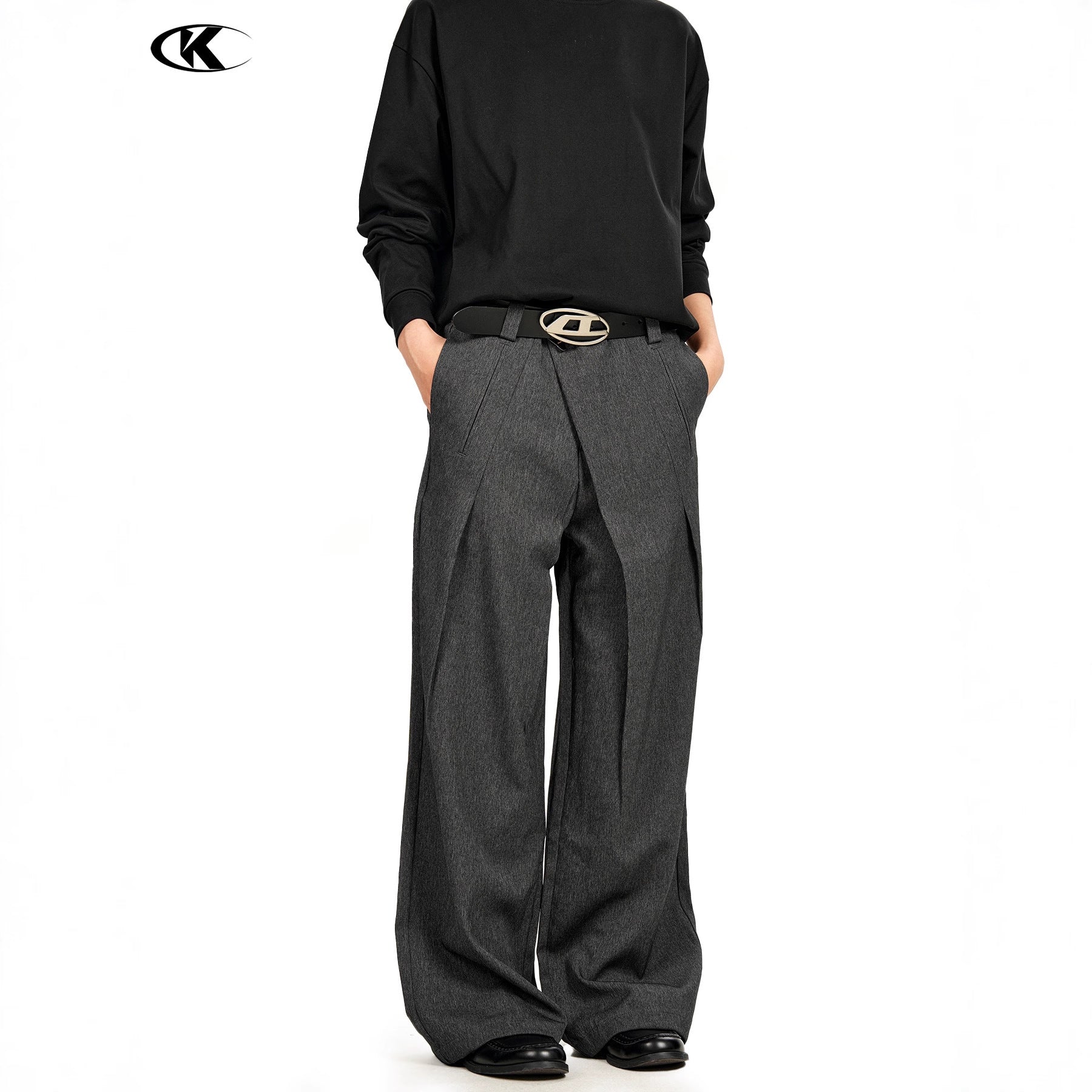 11KN Retro Three-dimensional Pleated Diagonal Placket Casual Trousers