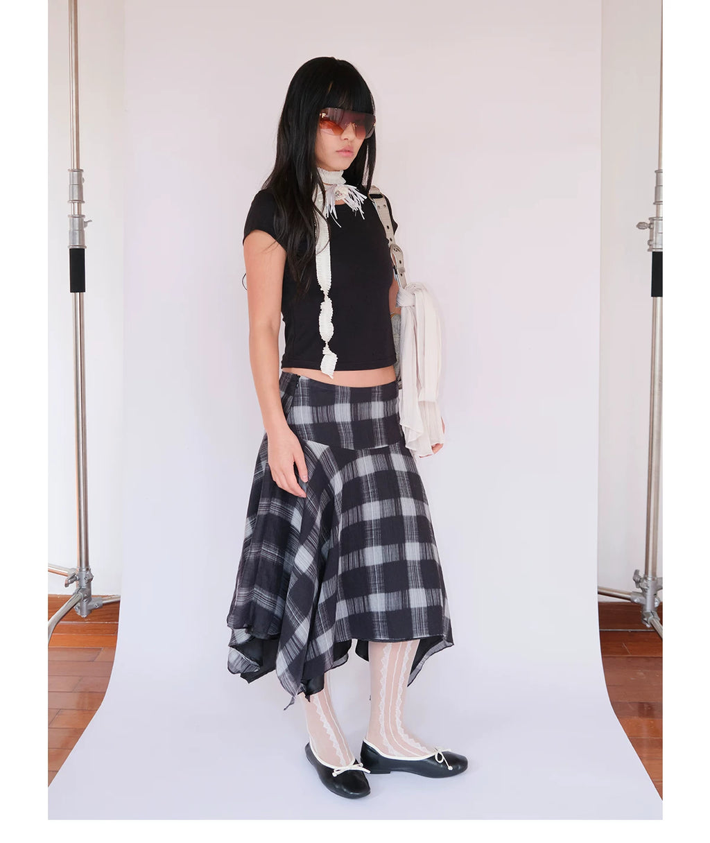 FUNKYFUN Plaid Irregular Hem Mid-length Skirt