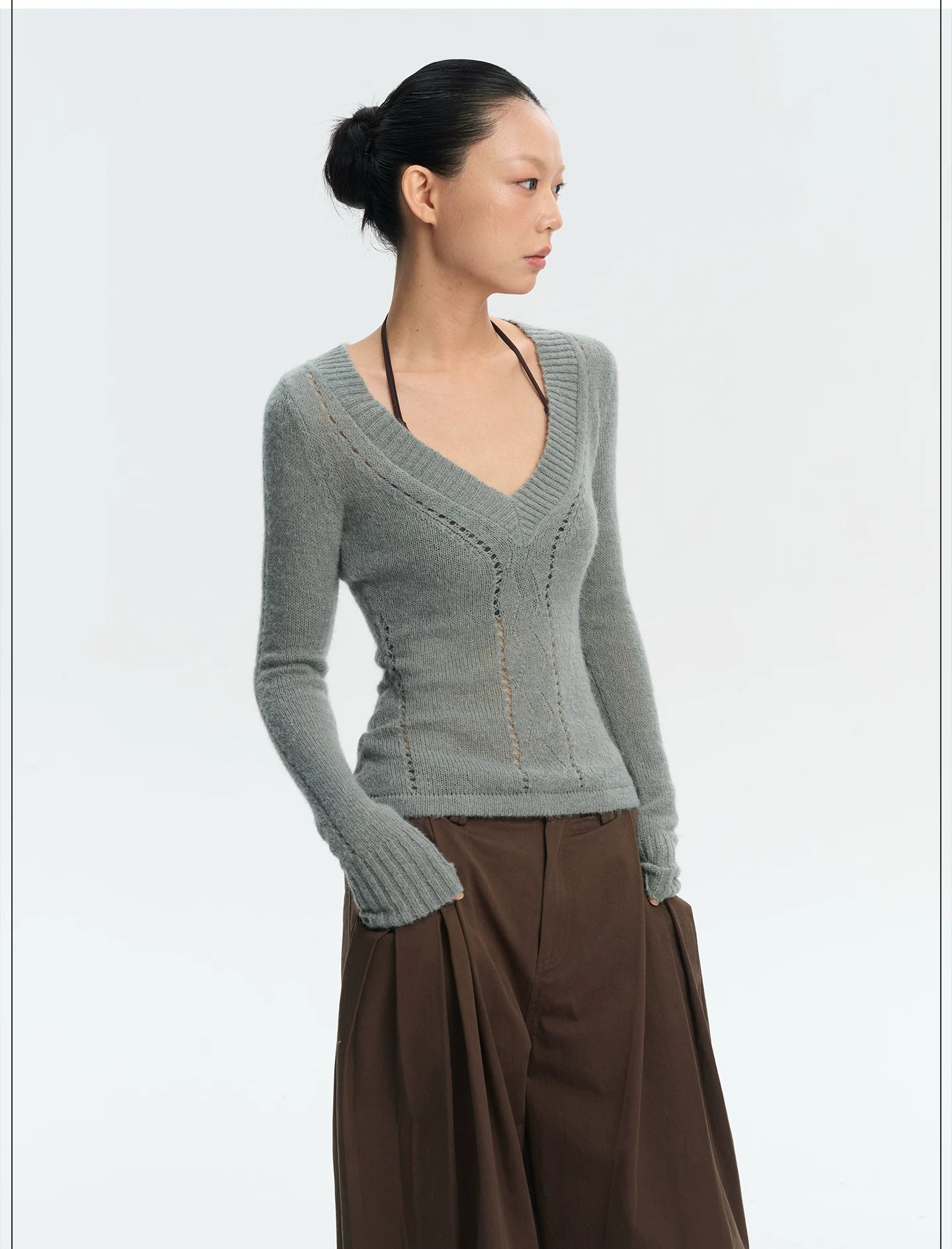 LINY LIBERTY Slim Fit V-neck Hollow Long Sleeve