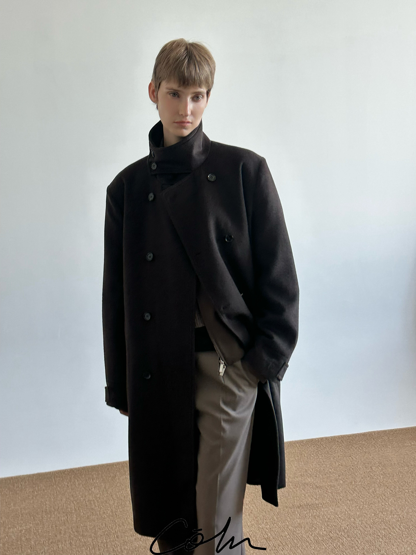 COLN Wool Double-breasted Stand-up Coat