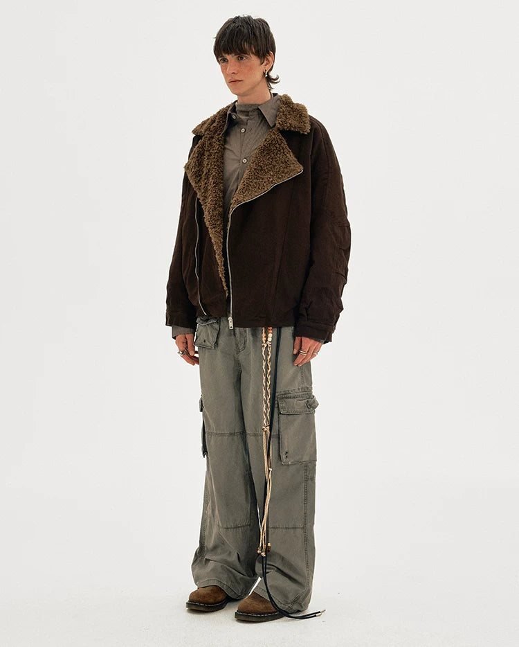 MADWITCH Vintage Slant Zipper Lamb Fur Collar Cotton Clothing