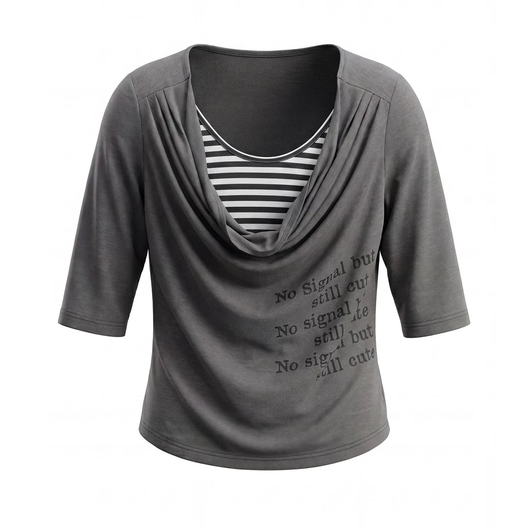 JIKOO Fake Two-piece Striped Splicing Slim Tee