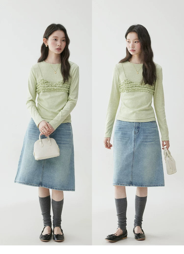VOOE Fake Two-piece Fungus Edge Long Sleeves