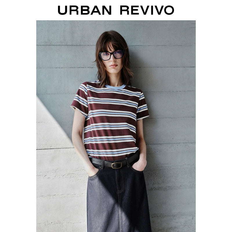 URBAN REVIVO Casual Contrasting Striped Crew Neck Tee