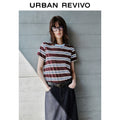 URBAN REVIVO Casual Contrasting Striped Crew Neck Tee