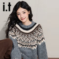 IT: CHOCOOLATE Jacquard Crew Neck Pullover Vintage Loose Wool Knitted Sweater