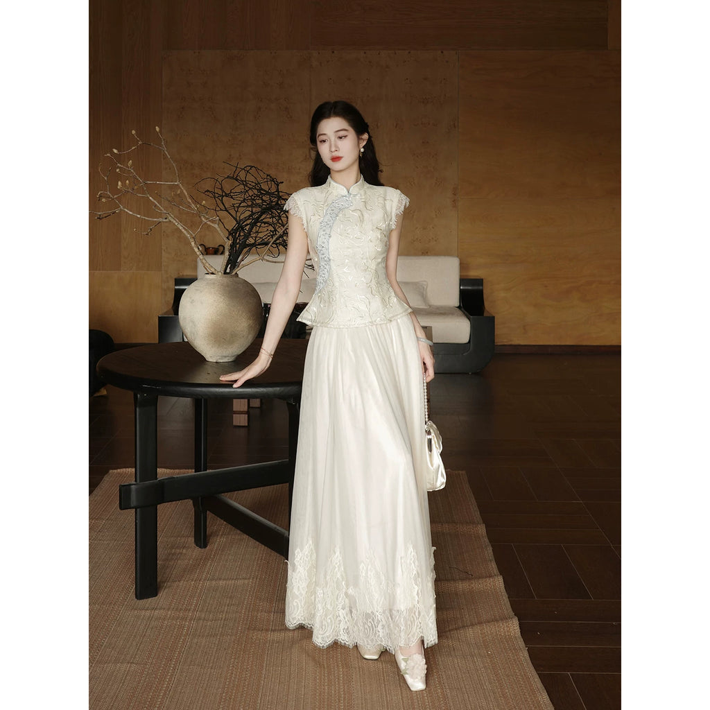 ZIHE Tencel Embroidered Tee Mesh Lace Skirt Set