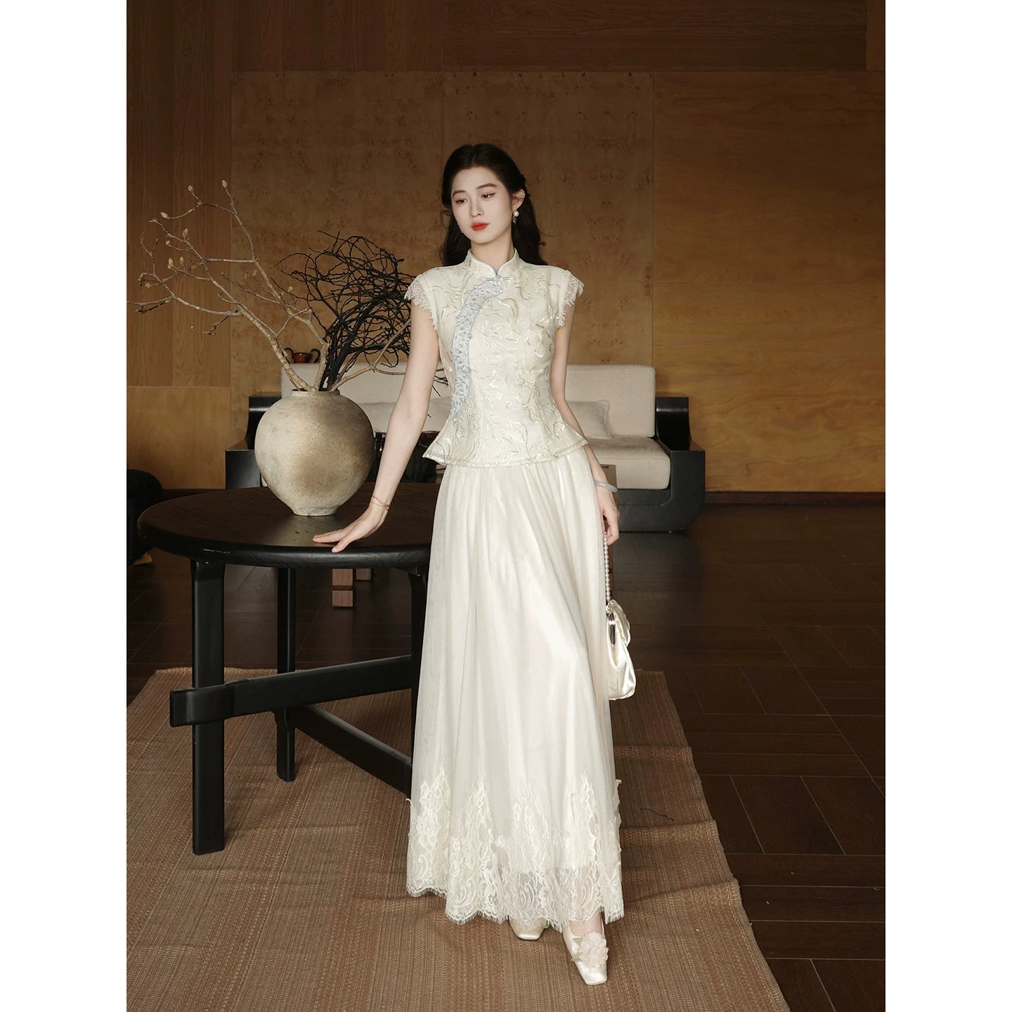 ZIHE Tencel Embroidered Tee Mesh Lace Skirt Set