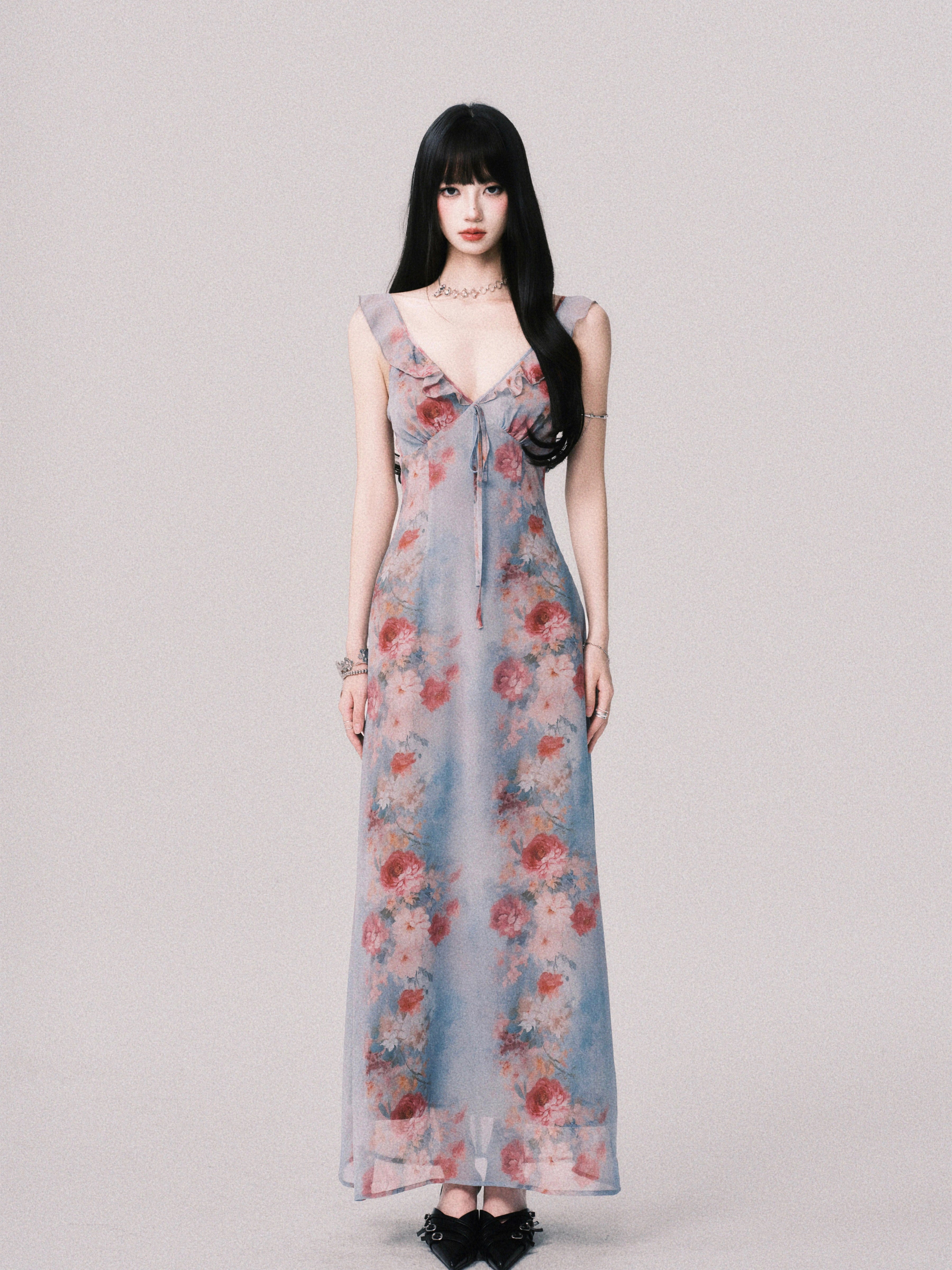 LULUSWINGS Vacation French V-neck Print Suspender Skirt