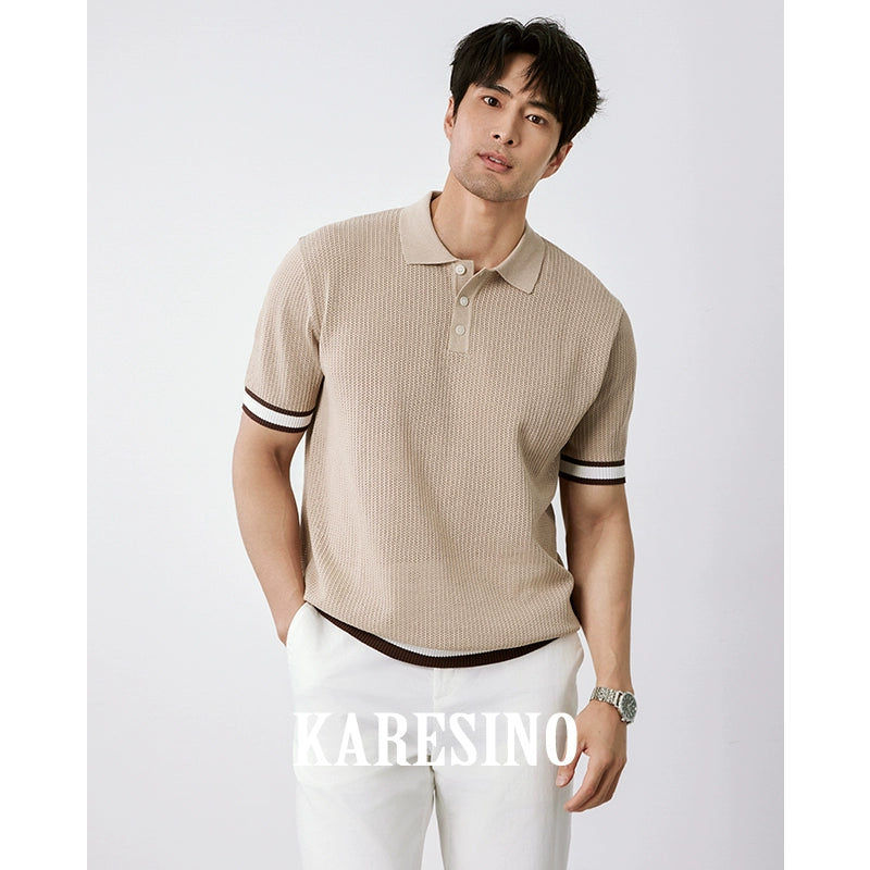 KARESINO Breathable Hollow Mesh Contrast Knitted Polo Shirt