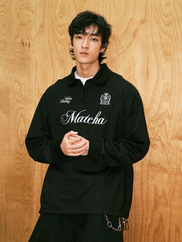MATCHA STORY Vertical Striped Jacquard Lapel Sweater