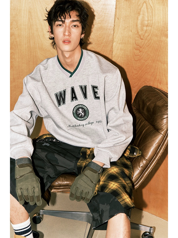 MATCHA STORYV Neck Print Loose-fitting Sport Sweater