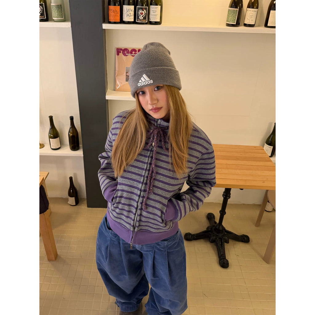 CCYE Striped Fleece Stand-up Neck Sweater Jacket