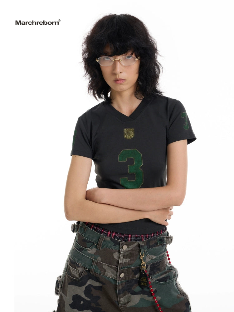 March Vintage Jersey Summer V-neck Digital Print Tee