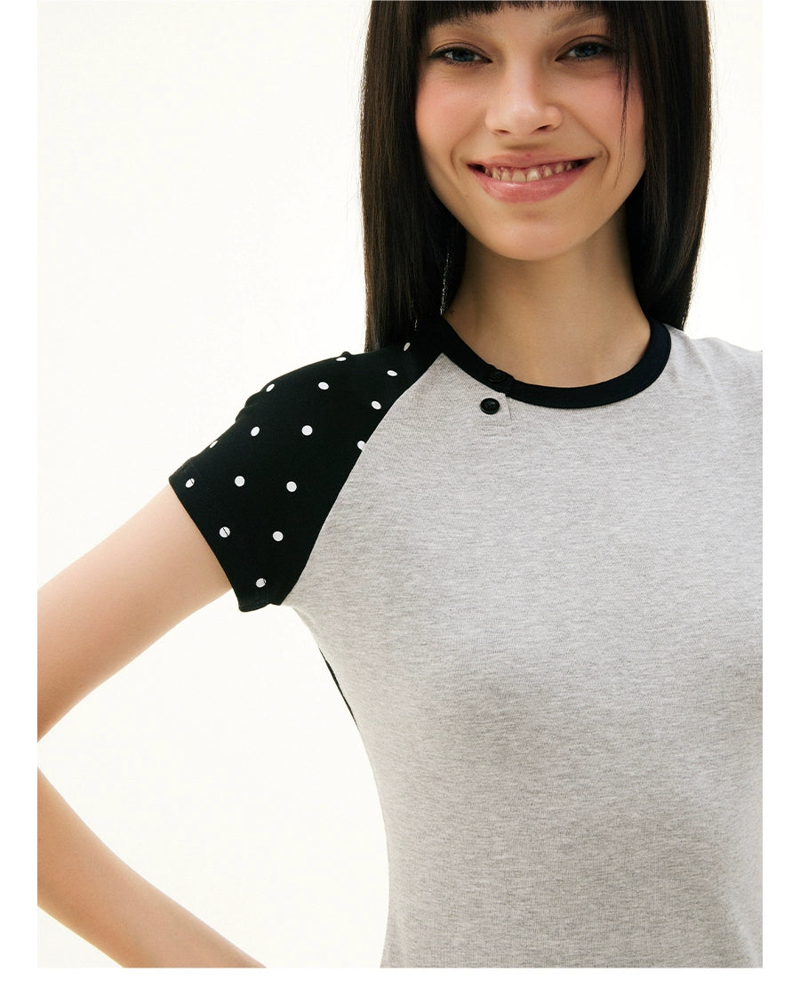 FUNKYFUN Polka Dot Contrasting Irregular Splicing Tee