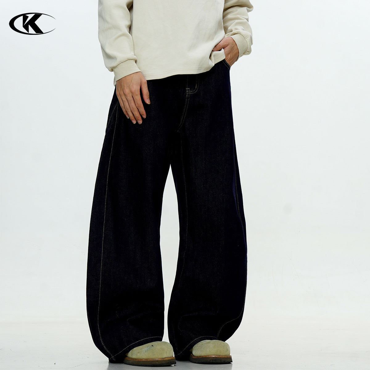 11KN Deconstructed Blue Scimitar Straight Loose Wide-leg Cleanfit Jeans