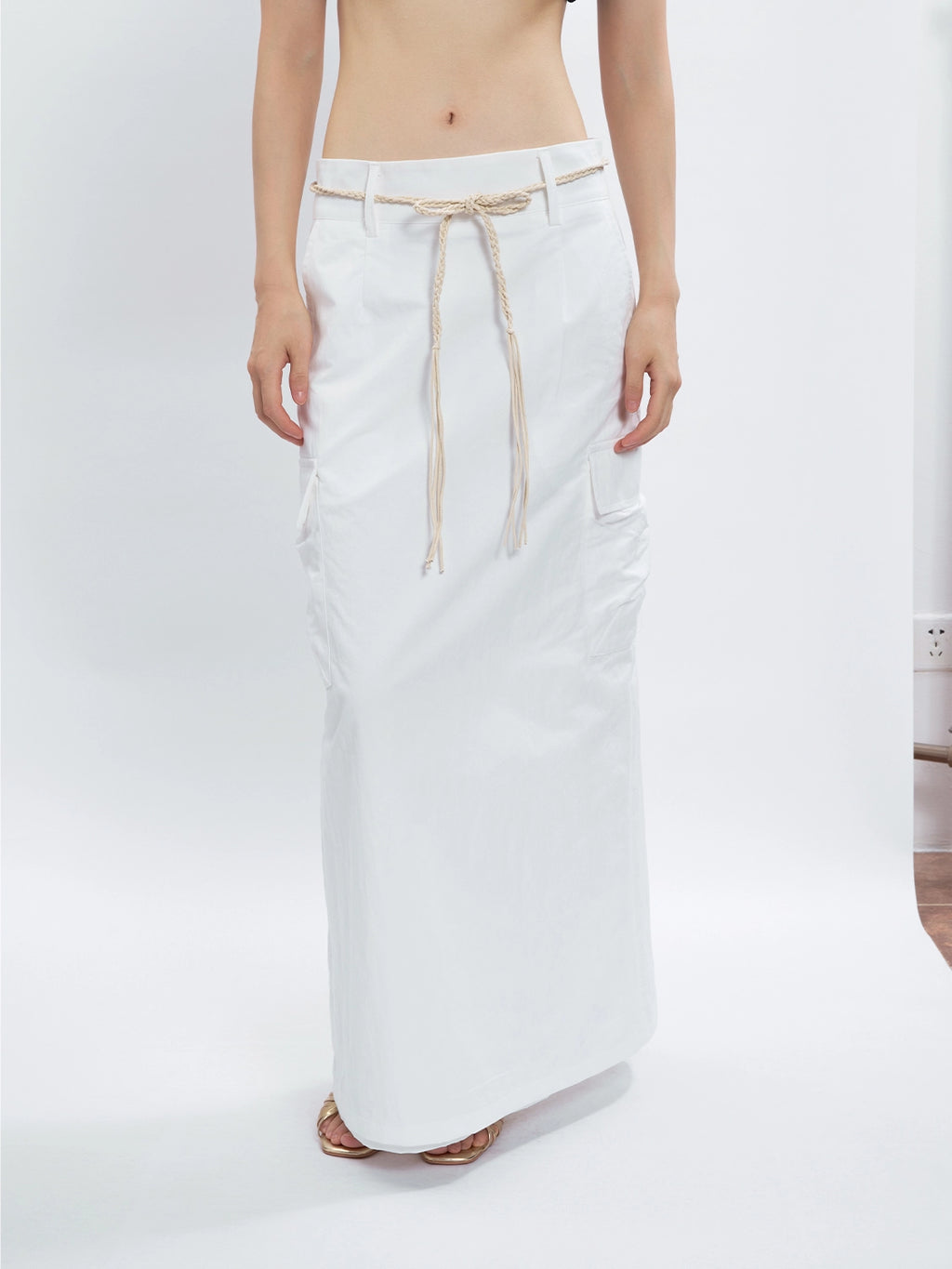FUNKYFUN Silhouette Twill Tooling Woven Waist Rope Long Skirt