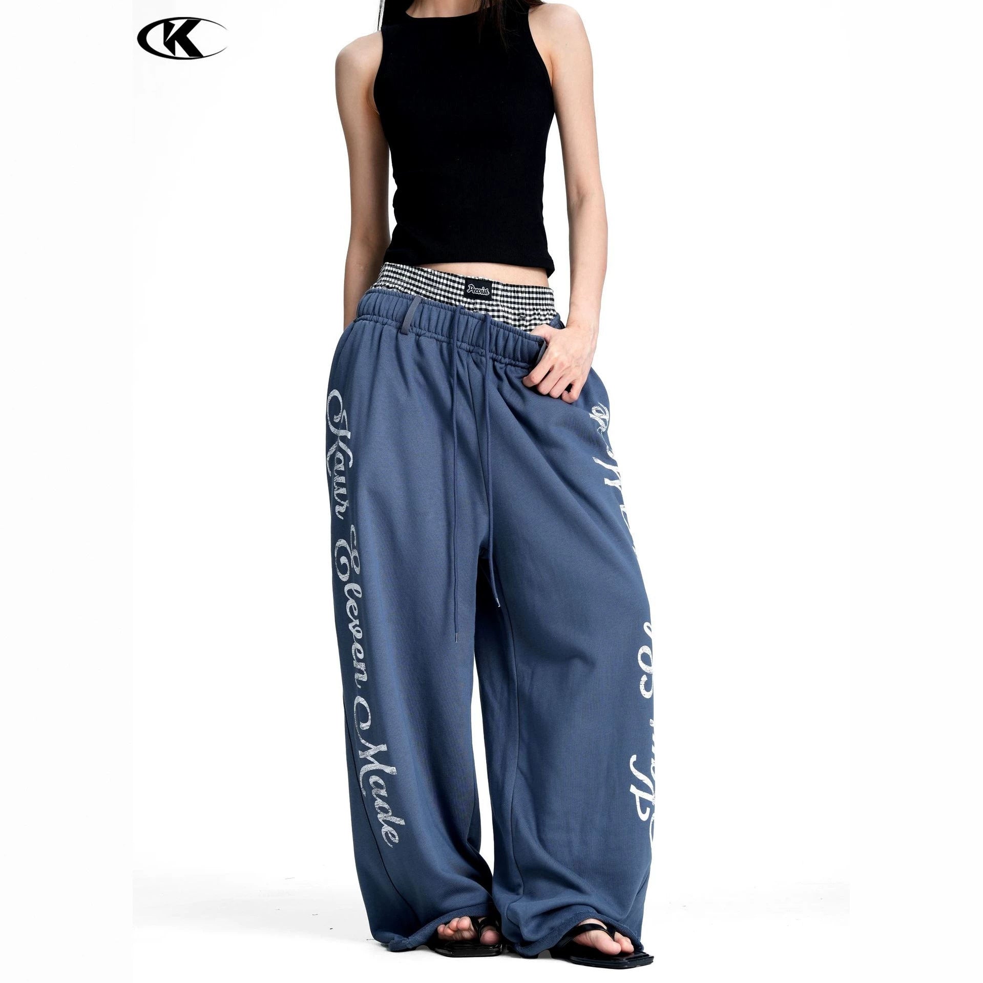 11KN Vintage Alphabet Print Casual Wide Leg Pants