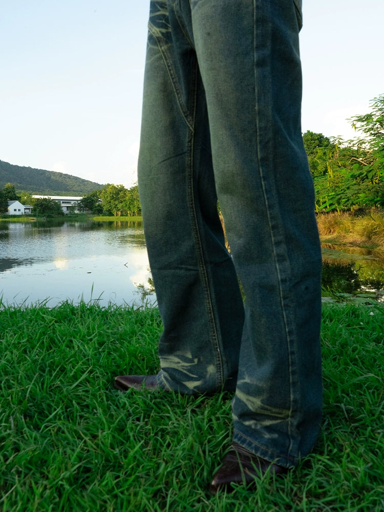 PUBLICRADIO Retro Washed Old Denim Flared Pants