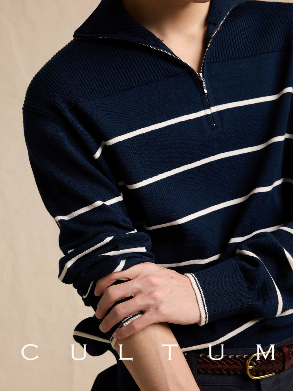 CULTUM Half-zip Lapel Striped Knitted Sweater