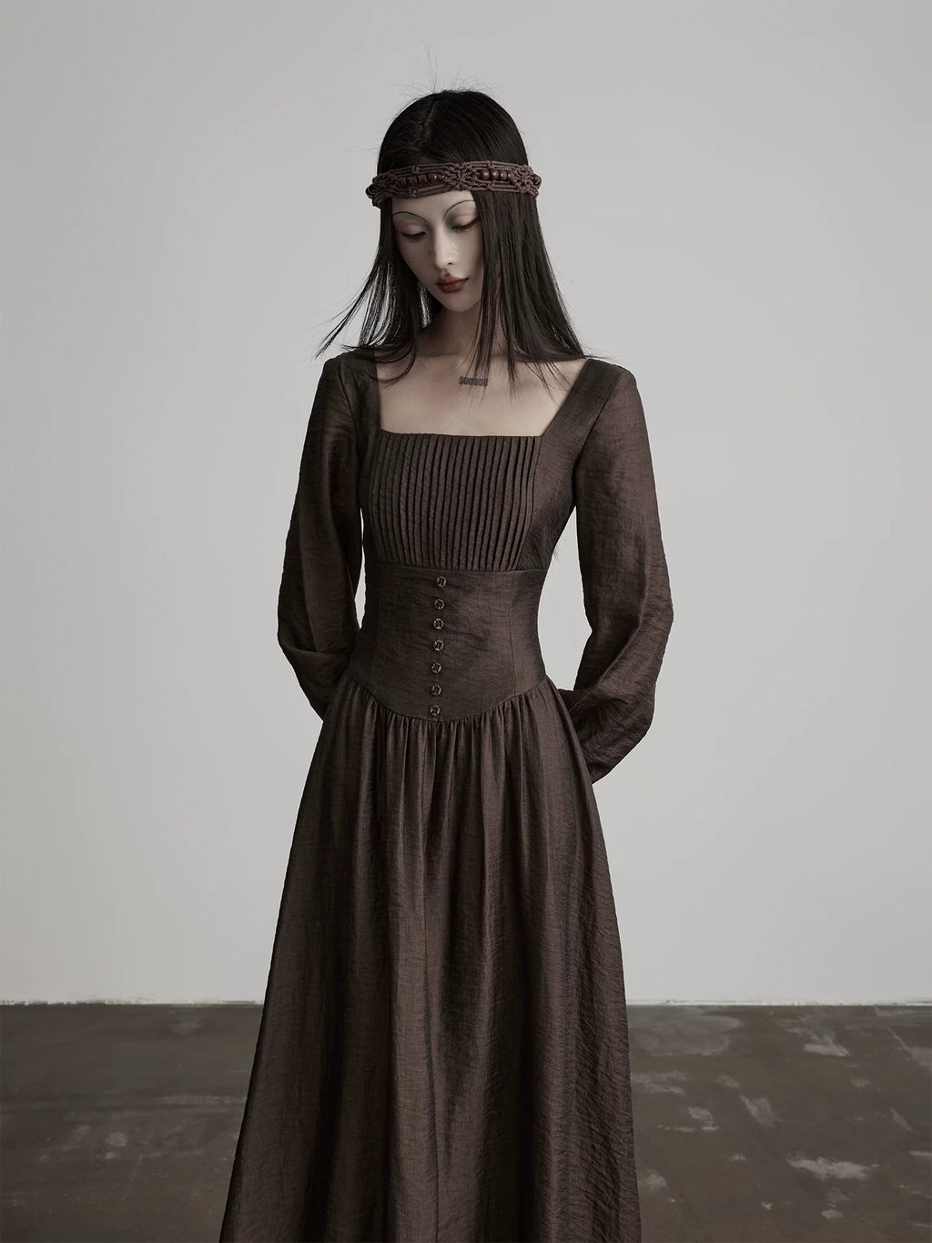 INDULG Square Neck Waist Flared Sleeve Dress