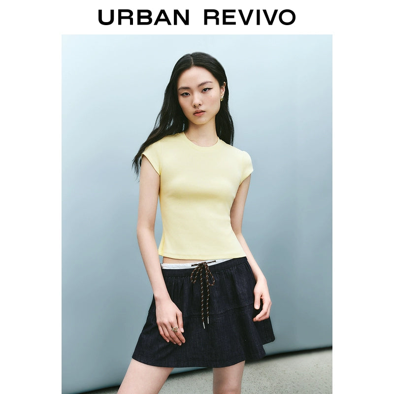 URBAN REVIVO Fashion Versatile Solid Color Slim Crew Neck Tee