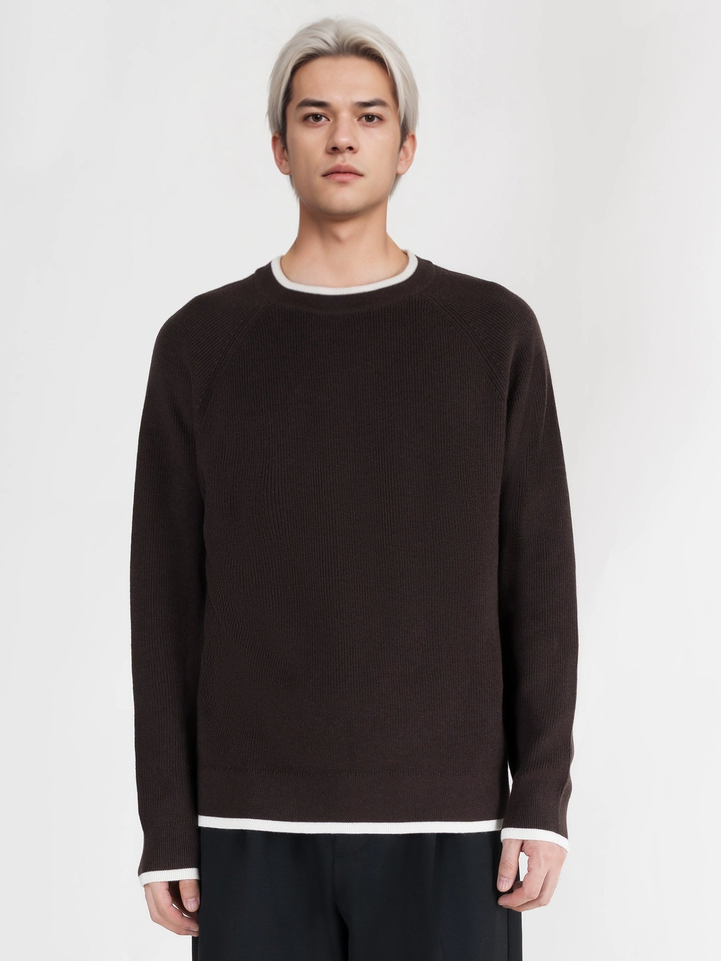 PERDU Shoulder Sleeves Contrasting Color Crew Neck Knitted Long-sleeved Sweater