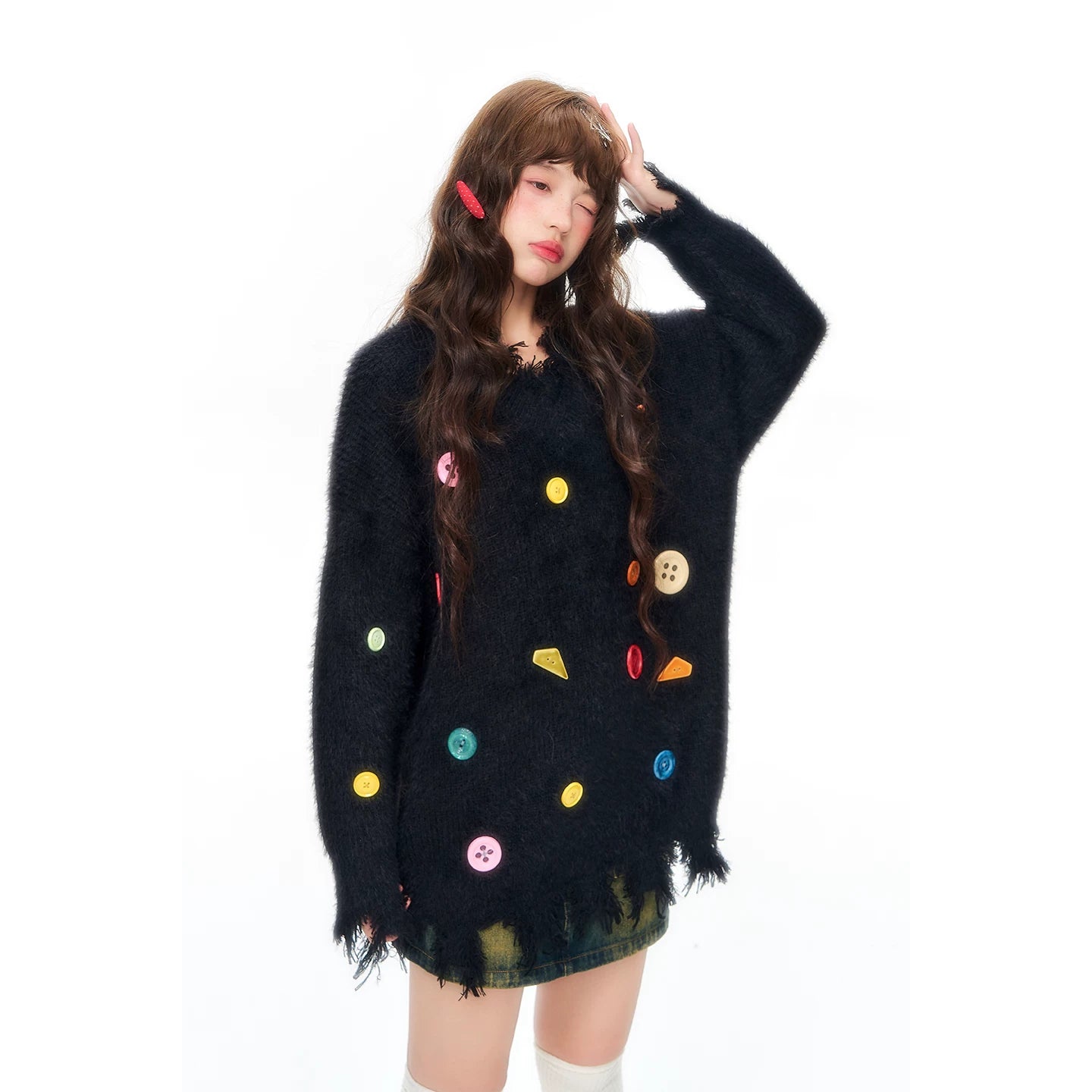 YEDM V-neck Colorful Button-up Sweater