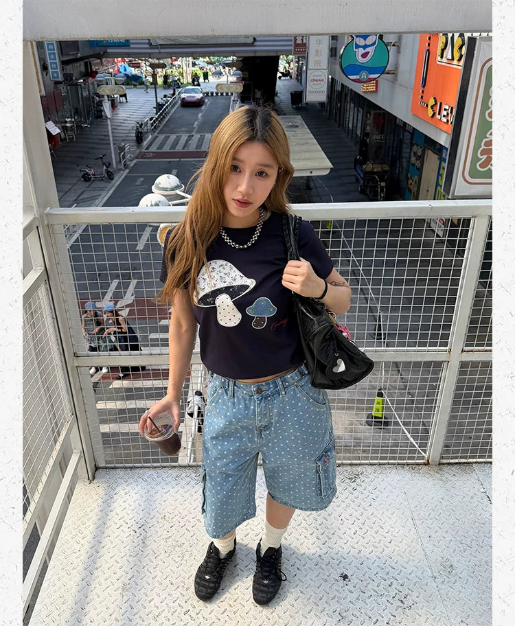CCYE Retro Polka Dot Denim Cropped Shorts