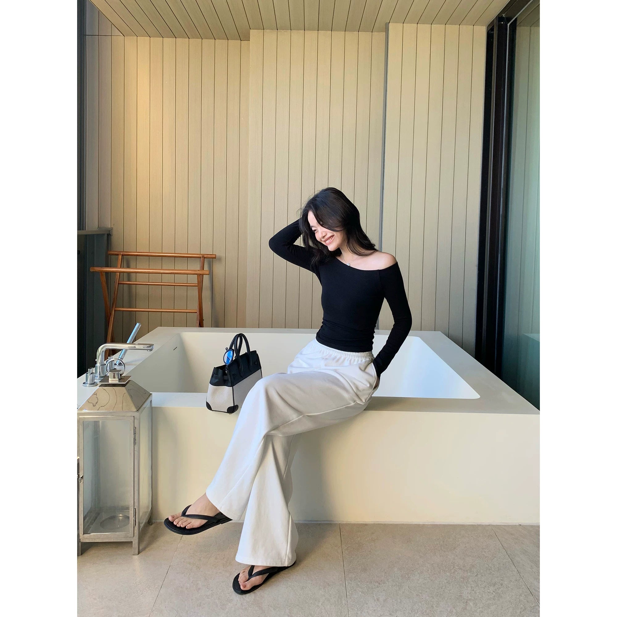 Pusumede Temperament Word Shoulder Slim Pleated Long Sleeves