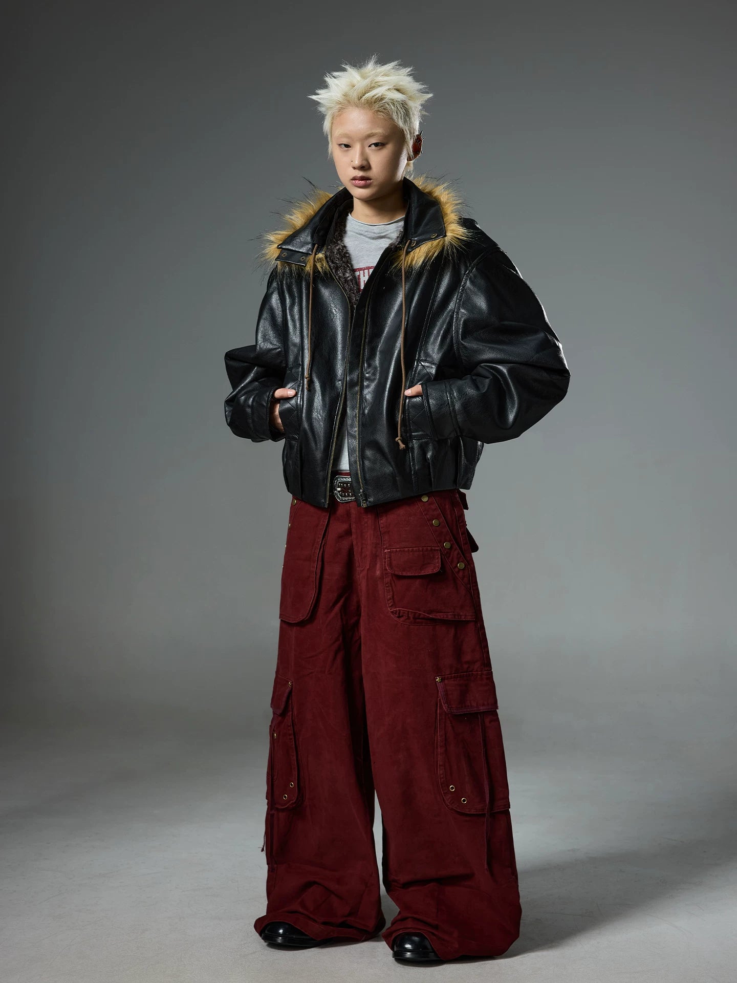 BTSG retro double-sided wear fur collar leather jacket